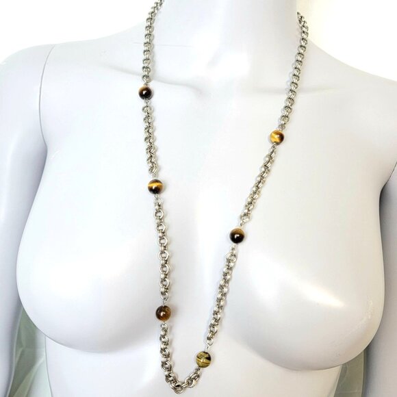 Vintage 80s Tigers Eye Bead Chain Necklace Women Silver Jewelry Crystal Gemstone - Picture 4 of 11